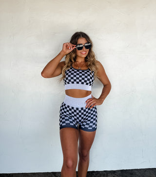 CHECKER BRA & BIKER SHORT SET