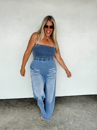 DENIM CRUSH SMOCKED ROMPER