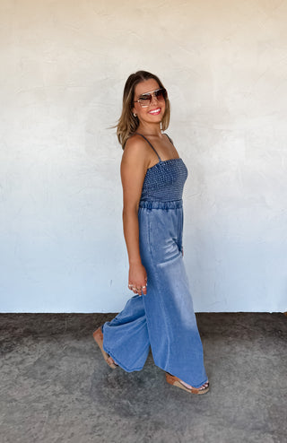 DENIM CRUSH SMOCKED ROMPER