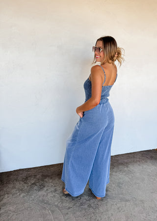 DENIM CRUSH SMOCKED ROMPER
