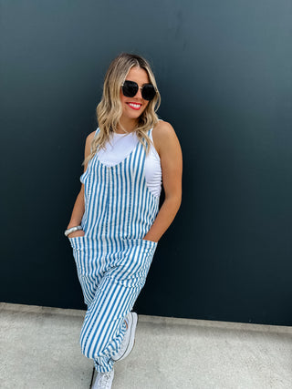 PREORDER- BLUE STRIPE BRITTE ROMPER OVERALLS