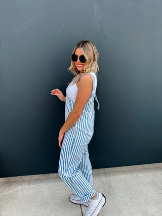 PREORDER- BLUE STRIPE BRITTE ROMPER OVERALLS