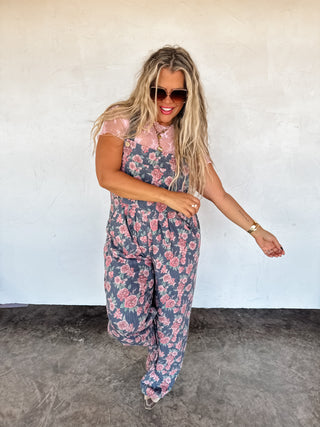 PREORDER- CASSIDY FLORAL DENIM OVERALLS