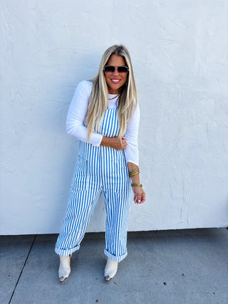 PREORDER- BLUE STRIPE BRITTE ROMPER OVERALLS