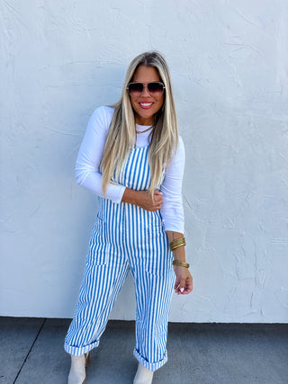 PREORDER- BLUE STRIPE BRITTE ROMPER OVERALLS