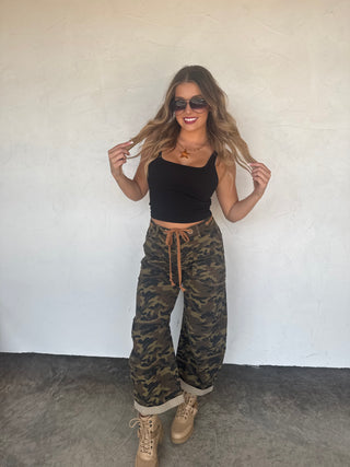 PREORDER- BROGAN CAMO BARREL JEANS