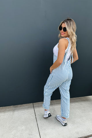 PREORDER- BLUE STRIPE BRITTE ROMPER OVERALLS