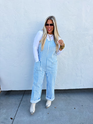 PREORDER- BLUE STRIPE BRITTE ROMPER OVERALLS