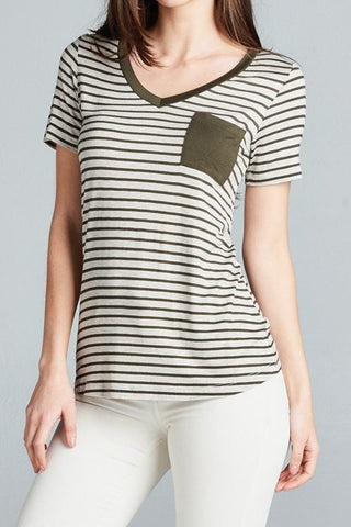 Stripe and Solid V-Neck Tee
